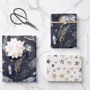 Blue Gold Feathers Stars Birthday Wrapping Paper Sheet