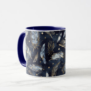 Blue Gold Feathers Stars Mug