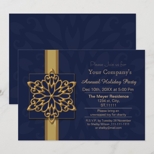 Blue Gold Festive Entreprise fête Invitation (Devant / Derrière)
