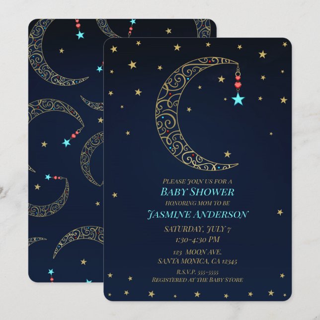 Blue Gold Filigree Moon Celestial Baby Shower Invitation (Front/Back)