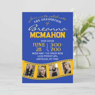 Blue & Gold Filmstrip 5 Photo Graduation Invitation