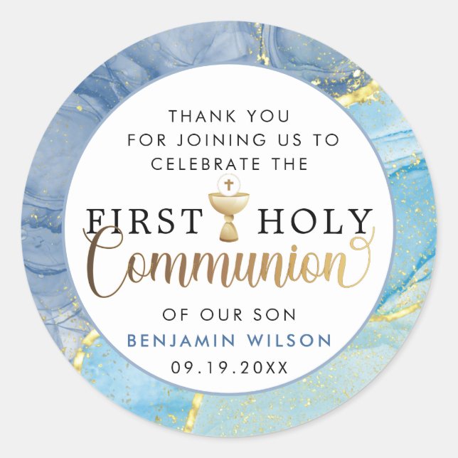  Blue & Gold First Holy Communion Thank You  Classic Round Sticker (Front)