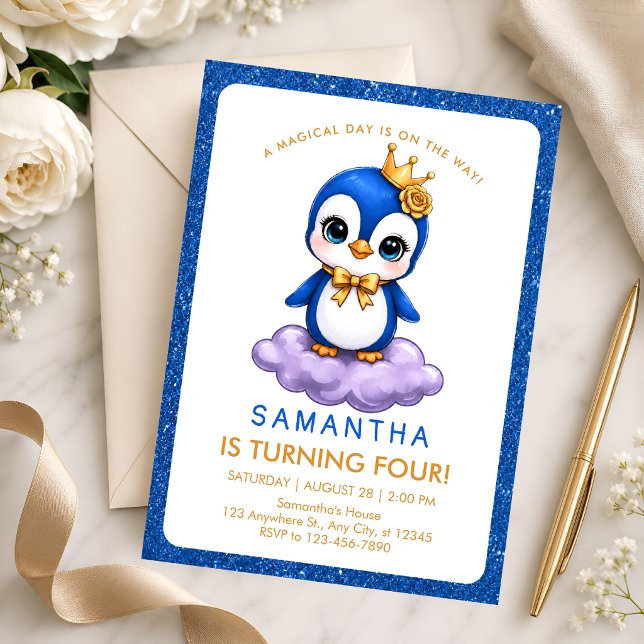 Blue Gold Flamingo 4th Birthday Invitation (Creator Uploaded)