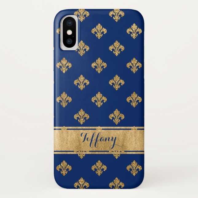 Blue, Gold Fleur-de-lis Case-Mate iPhone X Case (Back)