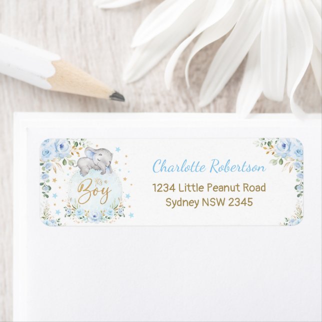 Blue Gold Floral Boy Baby Elephant Return Address (Insitu)