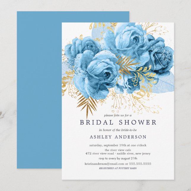 Blue & Gold Floral Bridal Shower Invitation (Front/Back)
