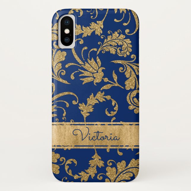 Blue, Gold Floral Case-Mate iPhone X Case (Back)