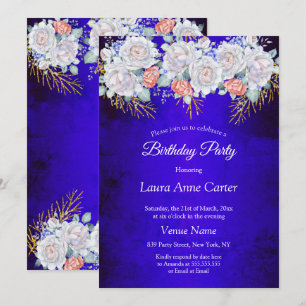 Blue Gold Floral Coral Birthday Party Invitation