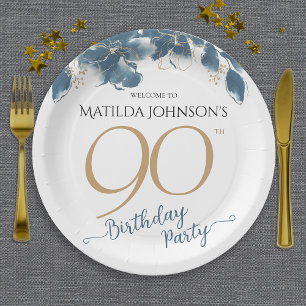 Blue Gold Floral Custom 90th Birthday Party Paper Plate