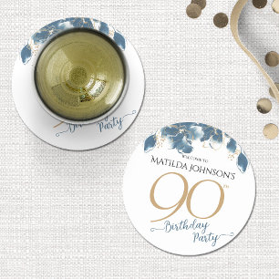 Blue Gold Floral Custom 90th Birthday Party  Round Paper Coaster