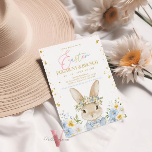 Blue Gold Floral Easter Egg Hunt & Brunch Bunny In Invitation