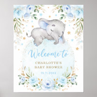 Blue Gold Floral Elephant Boy Baby Shower Welcome