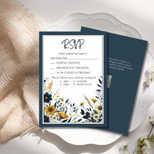 Blue Gold Floral Formal Elegant Wedding RSVP Card