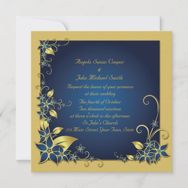 Blue, Gold Floral Frame Invitation (Front)