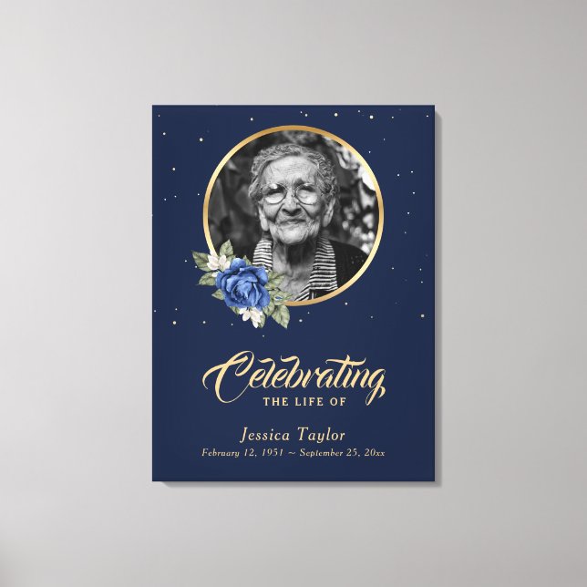 Blue Gold Floral Funeral Welcome Photo Sign (Front)