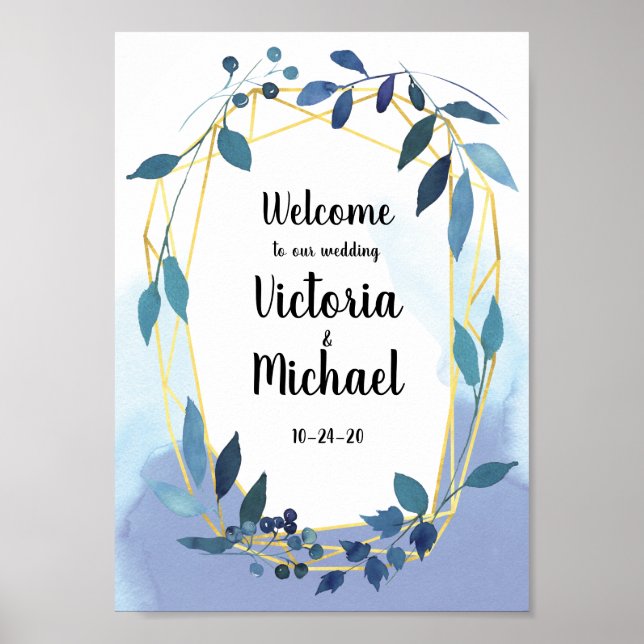 Blue Gold Floral Geometric Reception Wedding Sign (Front)