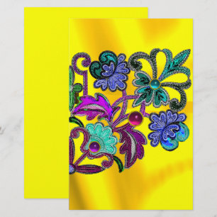 BLUE GOLD FLORAL LACE,FLOWERS, COLORFUL GEMSTONES STATIONERY