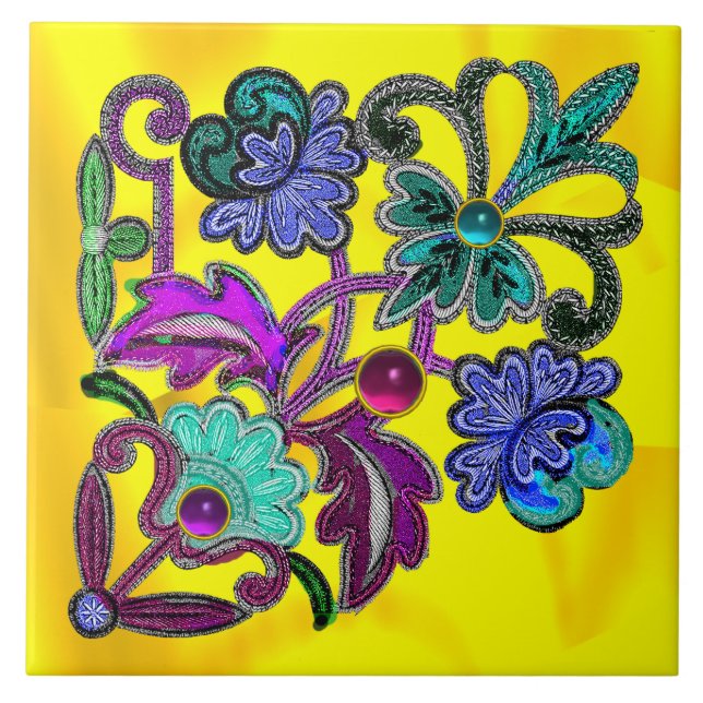 BLUE GOLD FLORAL LACE,FLOWERS, COLORFUL GEMSTONES TILE (Front)