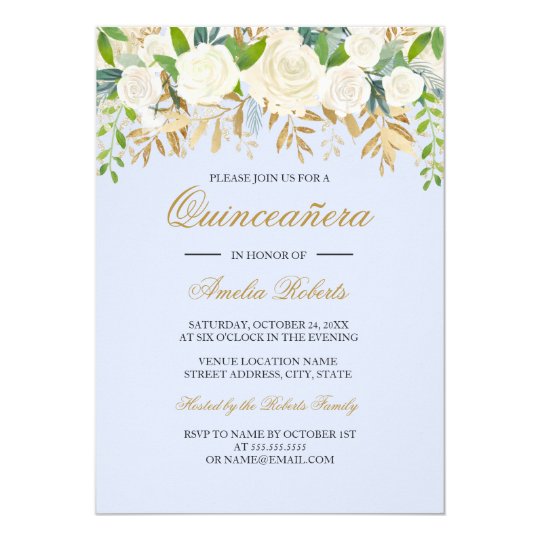 Blue Gold Floral Leaf Watercolor Quinceanera Card