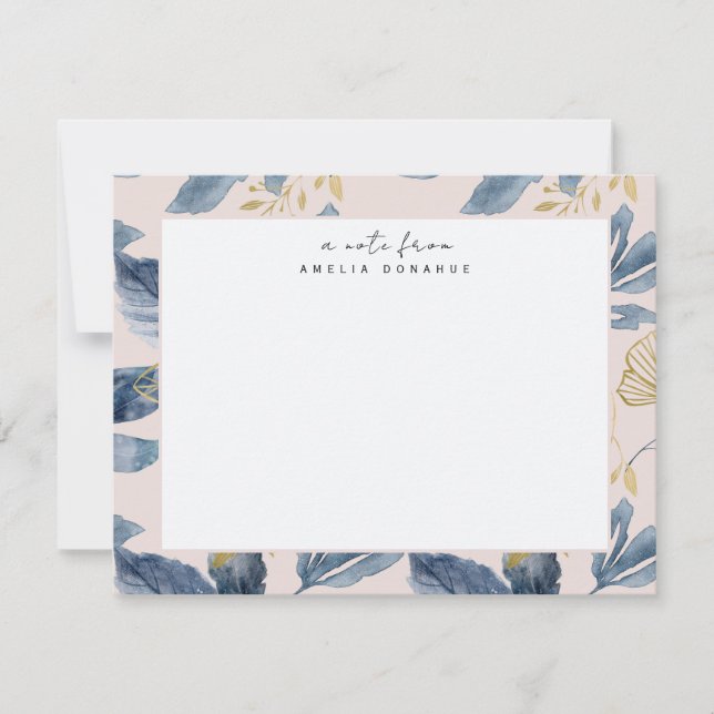 Blue Gold Floral Pattern Personalized Stationery Card (Front)