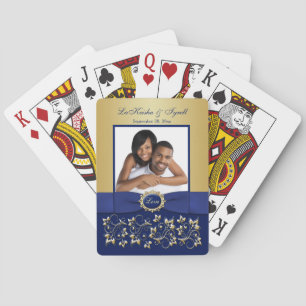Blue, Gold Floral Photo Playing Cards