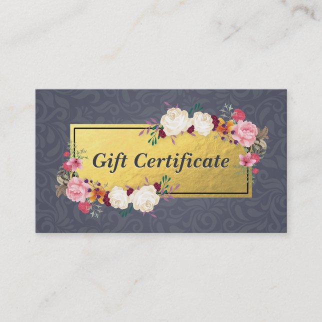 Blue Gold Floral Salon Boutique Gift Certificate (Front)