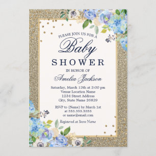 Blue Gold floral Sparkle Baby Shower Invite