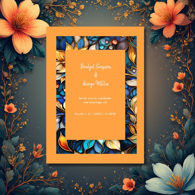 Blue & Gold Floral Stained Glass Elegant wedding Invitation (Creator Uploaded)