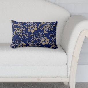 Blue Gold Floral Swirl Lumbar Pillow