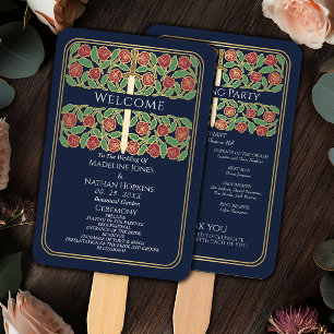 Blue Gold Floral Sword Royal Wedding Program Hand Fan