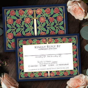 Blue Gold Floral Sword Royal Wedding RSVP Card