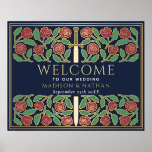 Blue Gold Floral Sword Royal Wedding Welcome Sign