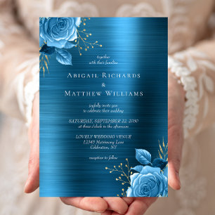 Blue Gold Floral Teal Brushed Metal Wedding Invitation