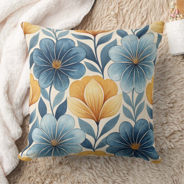 Blue & Gold Floral Throw Pillow (Blanket)