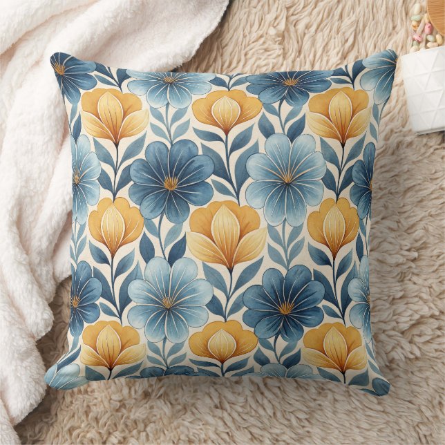 Blue & Gold Floral Throw Pillow (Blanket)