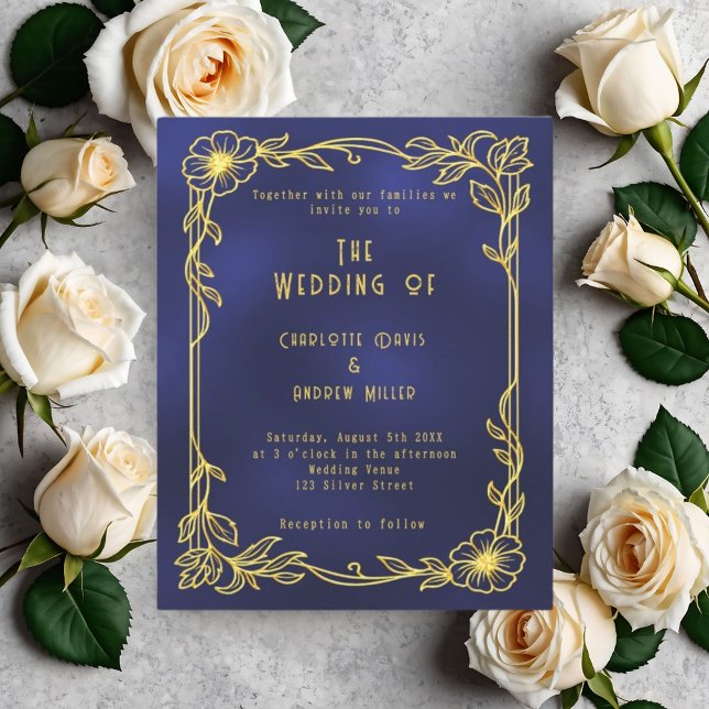 Blue gold floral wedding invitation (Creator Uploaded)