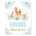 Blue Gold Floral Woodland Animals Favors Sign