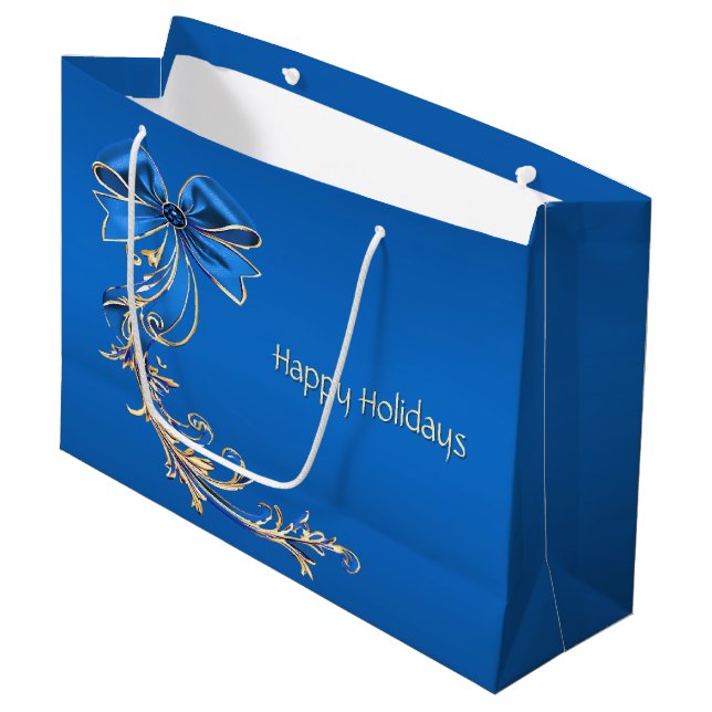 Blue Gold Flower Holiday Gift Bag (Front Angled)