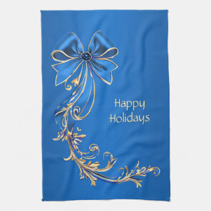 Blue Gold Flower Holiday Kitchen Towel