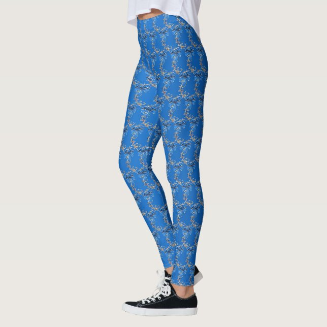 Blue Gold Flower Holiday Legging (Left)
