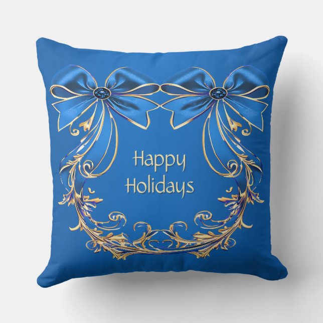 Blue Gold Flower Holiday Throw Pillow (Back)