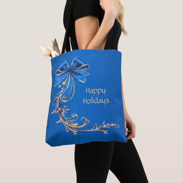 Blue Gold Flower Holiday Tote Bag (Close Up)