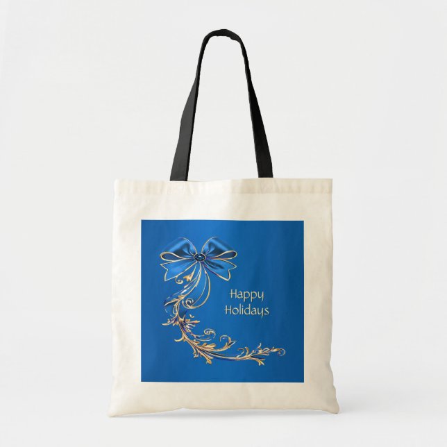 Blue Gold Flower Holiday Tote Bag (Front)