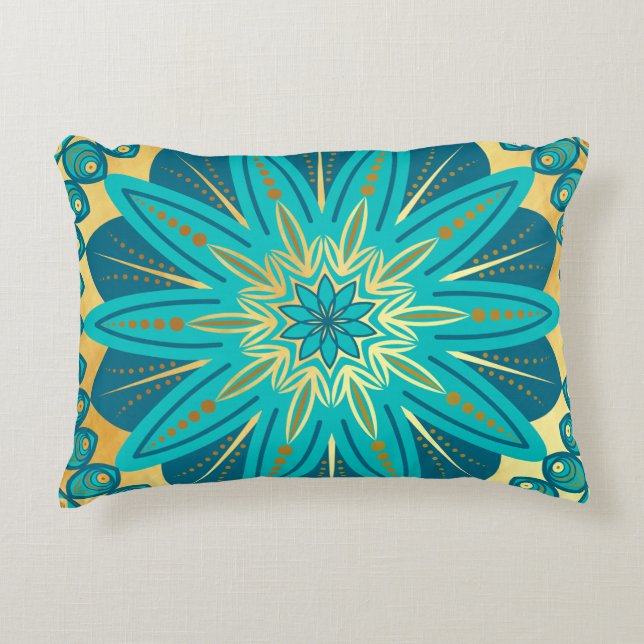 Blue Gold Flower Mandala Accent Pillow (Front)