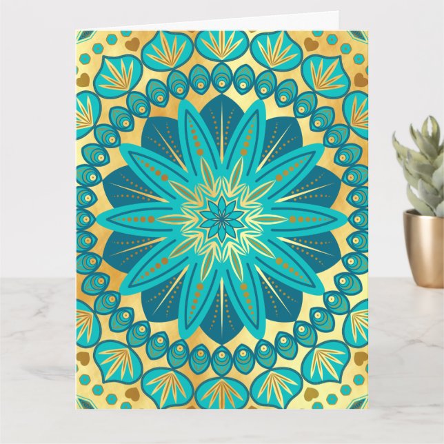 Blue Gold Flower Mandala Card (Small Plant)