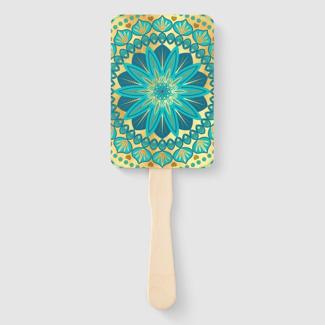 Blue Gold Flower Mandala Hand Fan (Front)