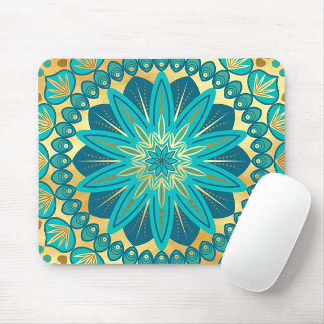Blue Gold Flower Mandala Mouse Pad (With Mouse)