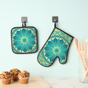Blue Gold Flower Mandala Oven Mitt & Pot Holder Set