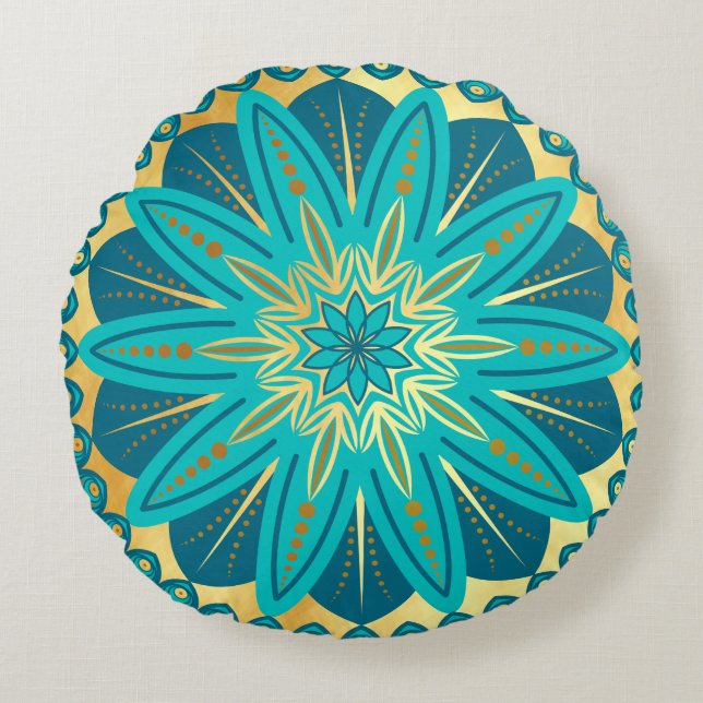 Blue Gold Flower Mandala Round Pillow (Front)
