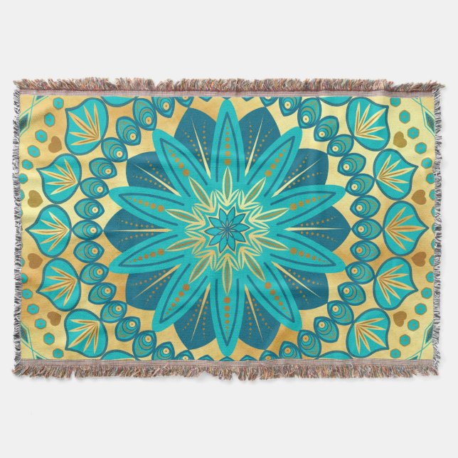 Blue Gold Flower Mandala Throw Blanket (Front)